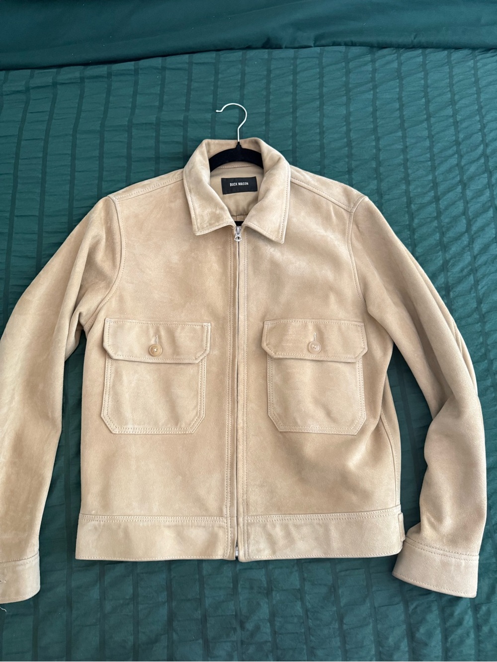 Buck Mason Beige Suede Zip-Front Bomber Jacket